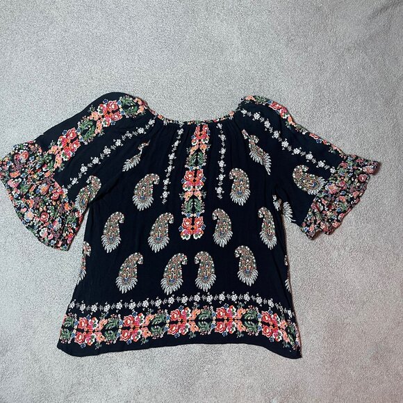 Bila Split Neck Blouse Top Boho Double Sleeve Ruffle Floral Paisley Women's XL - Picture 3 of 6